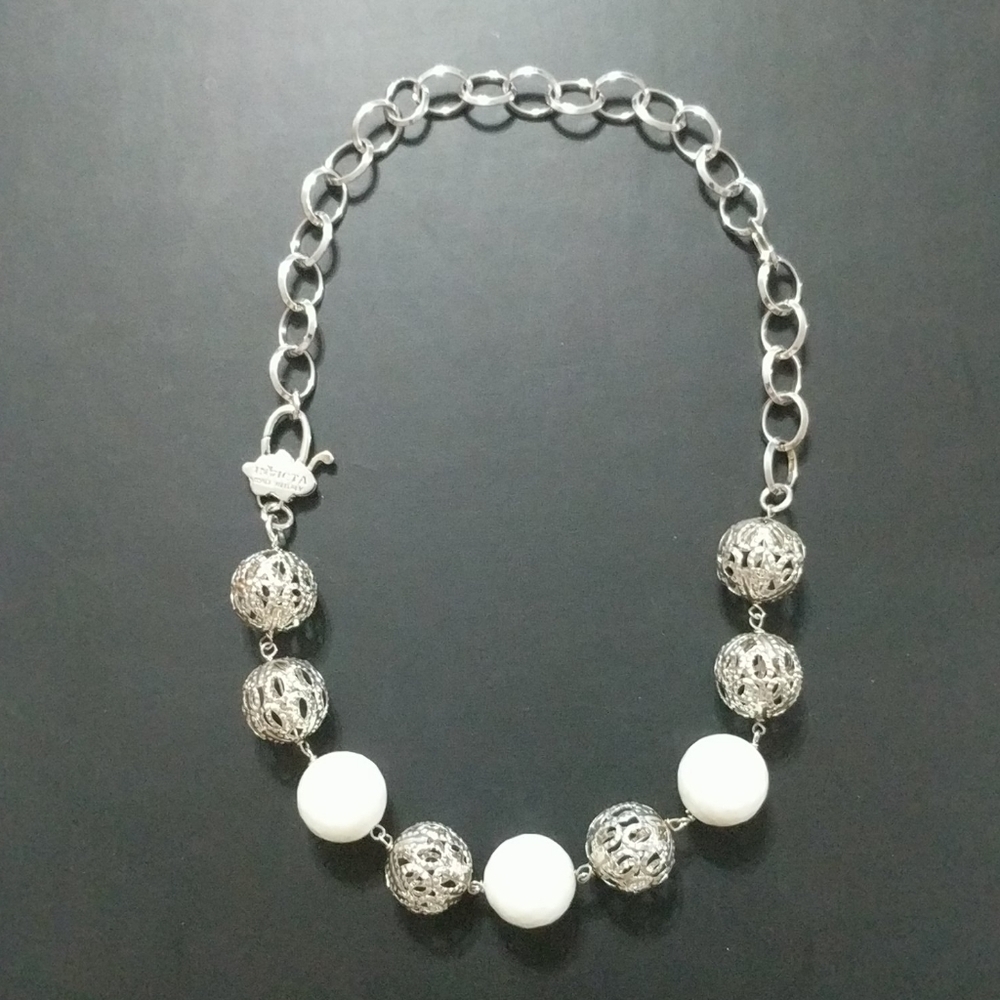Invicta White Agate Rhodium Plated Filagree Statement Necklace